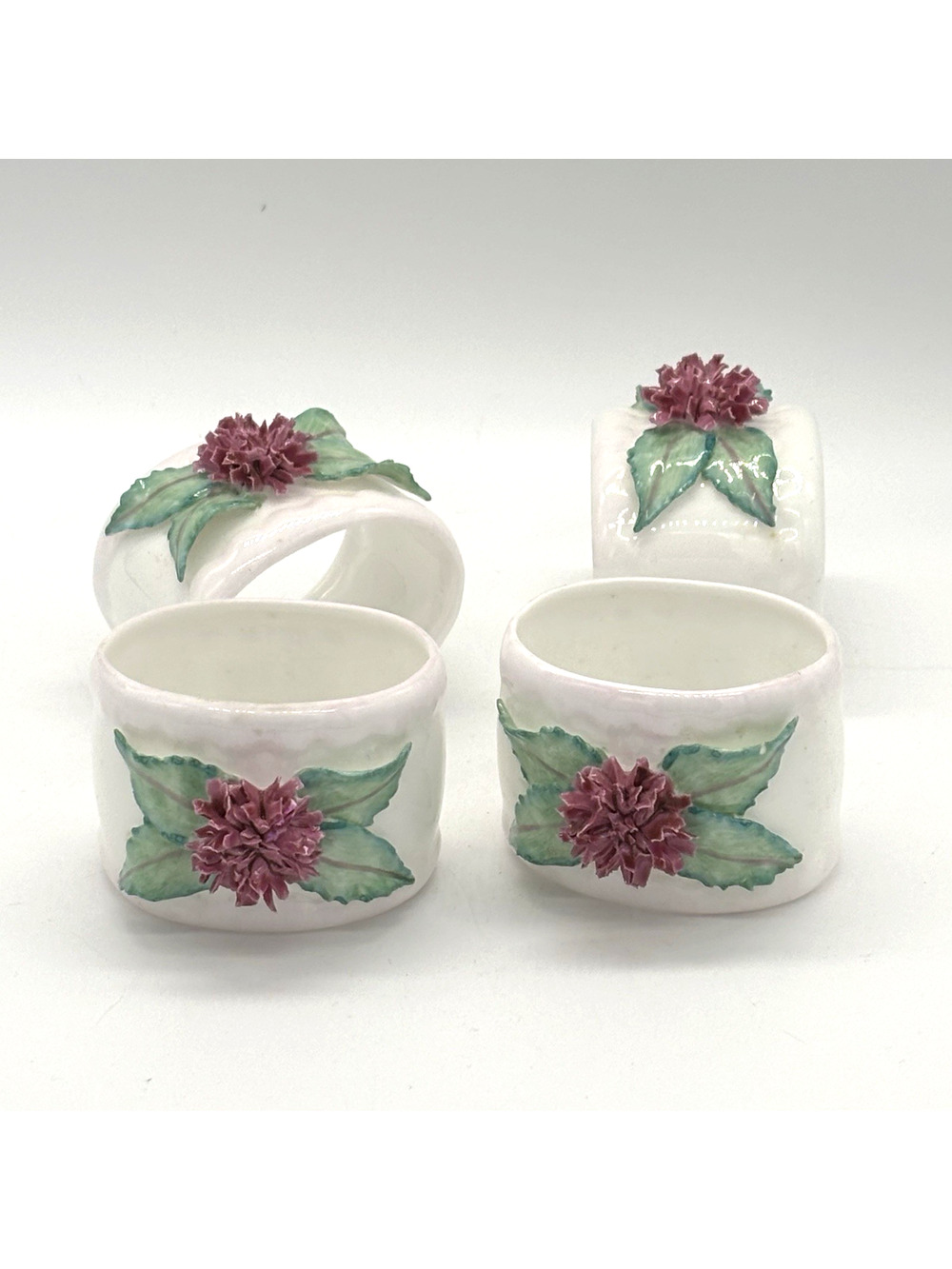 Rare 4 Celtic Weave Bone China Napkins Rings Thistle/Carnation Flower Ireland